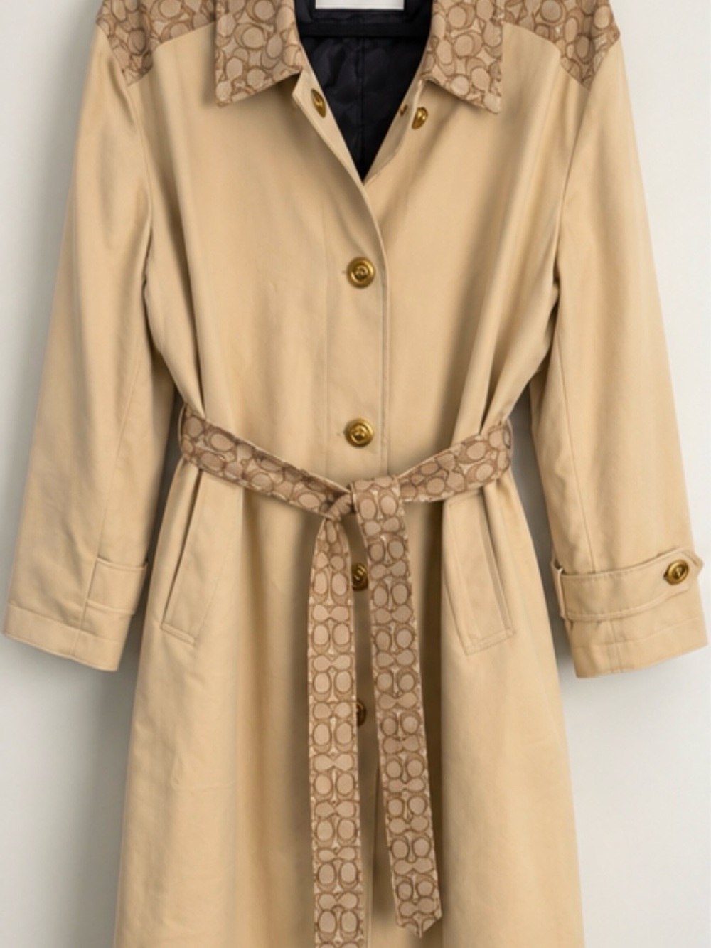 Coach Beige Trench Coat with Signature Monogram Trim